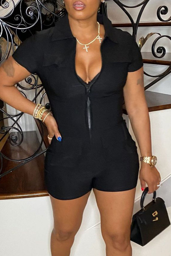 Black Casual Solid Patchwork Zipper Collar Regular Rompers
