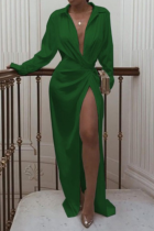 Green Fashion Print Patchwork Turndown Collar Waist Skirt Dresses