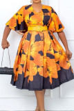 Yellow Celebrities Print Patchwork V Neck A Line Dresses