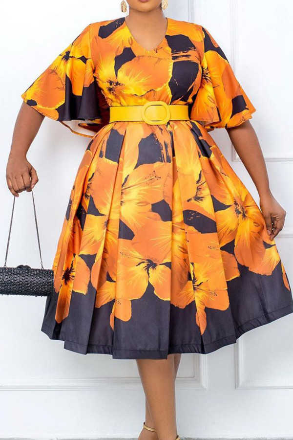 Yellow Celebrities Print Patchwork V Neck A Line Dresses