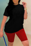 Red Fashion Casual Solid Basic O Neck Short Sleeve Two Pieces
