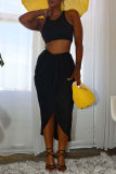 Black Sexy Casual Solid Patchwork Backless O Neck Sleeveless Two Pieces