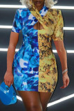 Multicolor Fashion Sexy Print Hollowed Out Split Joint Short Sleeve Dress