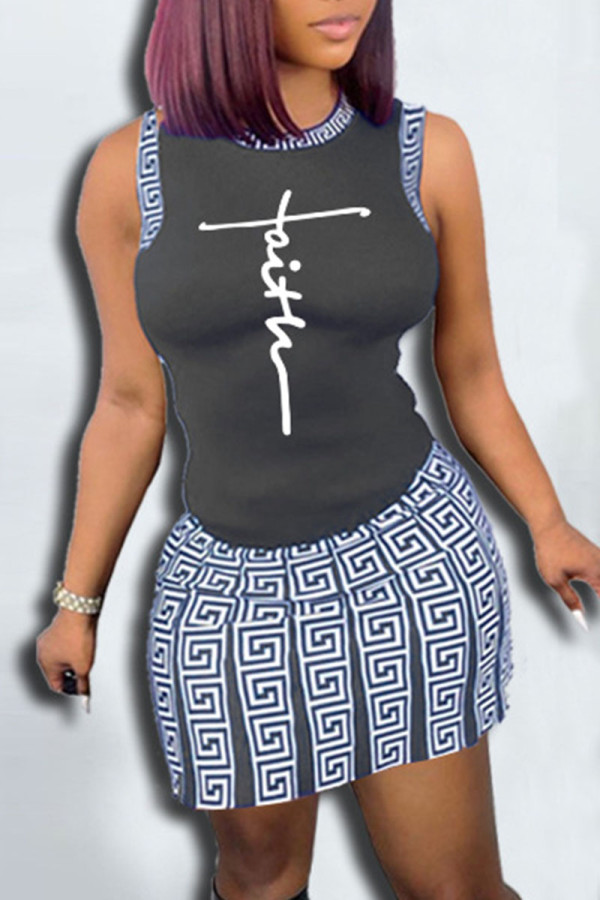 Grey Casual Print Patchwork O Neck Sleeveless Two Pieces