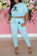 Light Blue Fashion Casual Print Letter O Neck Short Sleeve Two Pieces