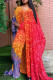 Tangerine Red Fashion Casual Print Slit Long Sleeve Two Pieces