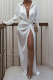 White Fashion Print Patchwork Turndown Collar Waist Skirt Dresses
