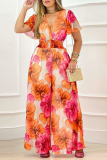 Pink Fashion Print Patchwork V Neck Straight Jumpsuits
