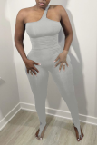 Pink Sexy Solid Hollowed Out One Shoulder Skinny Jumpsuits