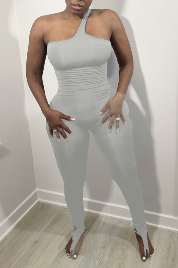 Grey Sexy Solid Hollowed Out One Shoulder Skinny Jumpsuits