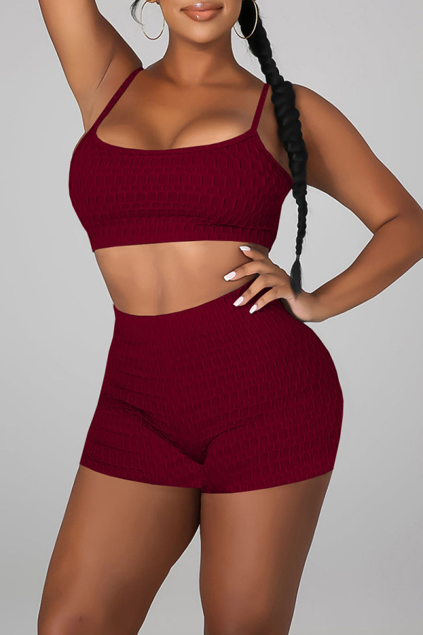 Burgundy Sexy Solid Patchwork Spaghetti Strap Sleeveless Two Pieces