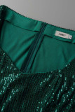 Green Celebrities Solid Tassel Sequins Patchwork Asymmetrical V Neck One Step Skirt Dresses