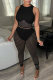 Black Fashion Sexy Solid Patchwork See-through O Neck Sleeveless Two Pieces