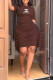 Brown Fashion Casual Print Asymmetrical O Neck One Step Skirt Dresses