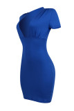 Blue Fashion Casual Solid Basic V Neck Short Sleeve Dress