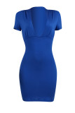 Blue Fashion Casual Solid Basic V Neck Short Sleeve Dress