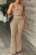 Khaki Fashion Casual Print Patchwork Spaghetti Strap Sleeveless Two Pieces