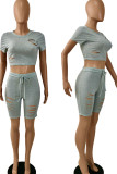 Grey Casual Solid Ripped Patchwork O Neck Short Sleeve Two Pieces