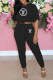Black Fashion Casual Print Letter O Neck Short Sleeve Two Pieces