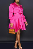 Rose Red Casual Elegant Solid Bandage Patchwork Asymmetrical A Line Dresses