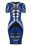Blue Fashion Casual Print Basic O Neck Short Sleeve Dress