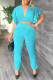 Blue Casual Solid Patchwork Flounce V Neck Short Sleeve Two Pieces