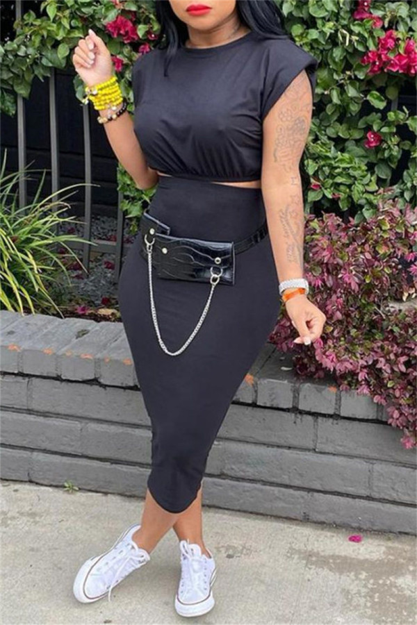 Black Fashion Casual Solid Basic O Neck Sleeveless Two Pieces