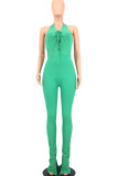 Green Sexy Solid Bandage Patchwork Backless Halter Regular Jumpsuits