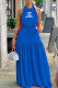 Blue Fashion Sexy Print Backless Halter A Line Dresses
