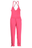 Pink Casual Solid Split Joint Spaghetti Strap Sleeveless Two Pieces