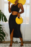 Black Sexy Casual Solid Patchwork Backless O Neck Sleeveless Two Pieces