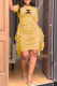 Yellow Fashion Casual Print Asymmetrical O Neck One Step Skirt Dresses