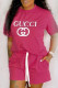 Pink Fashion Casual Print Letter O Neck Short Sleeve Two Pieces