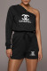 Black Fashion Casual Print Letter One Shoulder Long Sleeve Two Pieces