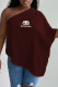 Burgundy Fashion Casual Print Letter Oblique Collar T-Shirts