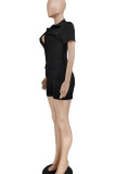 Blue Casual Solid Patchwork Zipper Collar Regular Rompers
