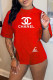 Red Fashion Sexy Print Letter O Neck Short Sleeve Two Pieces