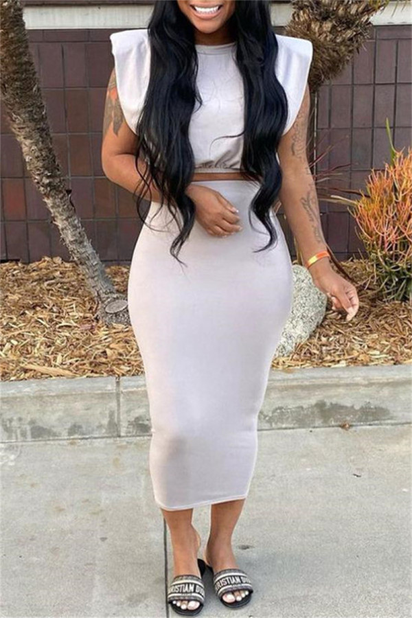 Cream White Fashion Casual Solid Basic O Neck Sleeveless Two Pieces