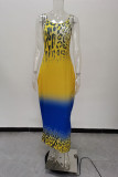 Yellow Blue Fashion Casual Plus Size Gradual Change Leopard Print Backless Spaghetti Strap Long Dress