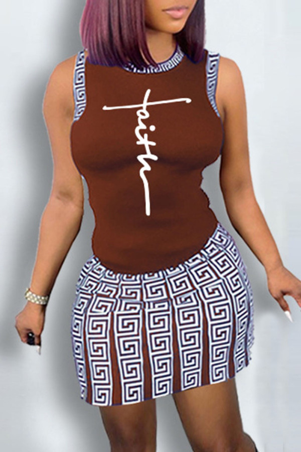 Brown Casual Print Patchwork O Neck Sleeveless Two Pieces
