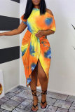 Orange Fashion Print Tie Dye Patchwork Oblique Collar Short Sleeve Dress Dresses