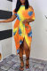 Orange Fashion Print Tie Dye Patchwork Oblique Collar Short Sleeve Dress Dresses
