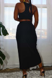 Black Sexy Casual Solid Patchwork Backless O Neck Sleeveless Two Pieces
