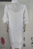 White Fashion Casual Solid Hollowed Out Turtleneck Half Sleeve Two Pieces