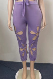 Purple Fashion Casual Solid Hollowed Out Plus Size Trousers