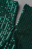 Green Celebrities Solid Tassel Sequins Patchwork Asymmetrical V Neck One Step Skirt Dresses
