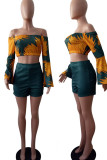 Army Green Casual Print Patchwork Off the Shoulder Long Sleeve Two Pieces