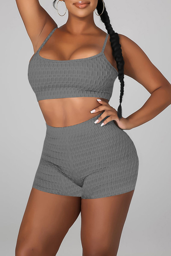 Grey Sexy Solid Patchwork Spaghetti Strap Sleeveless Two Pieces