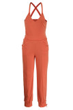 Tangerine Red Casual Solid Split Joint Spaghetti Strap Sleeveless Two Pieces