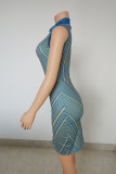 Blue Fashion Casual Print Patchwork Turtleneck Sleeveless Dress